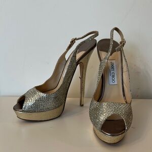 JIMMY CHOO Gold Stiletto Heels with Ankle Strap